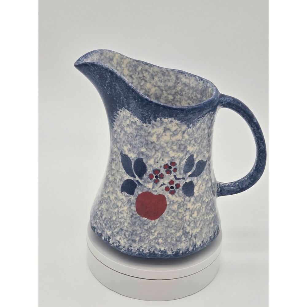 Vintage Blue Spongeware Studio Pottery Pitcher Hand Painted Red Apple